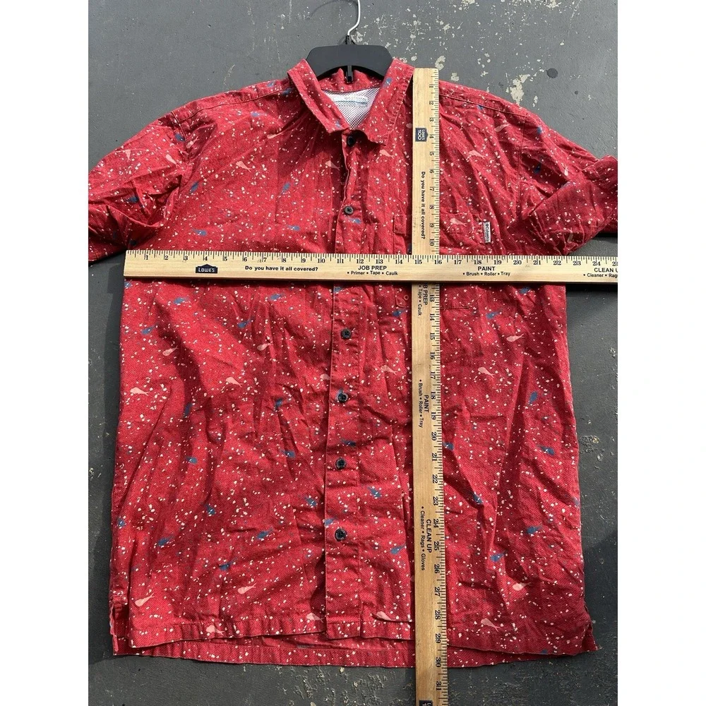 Columbia Shirt Mens Medium Red PFG Pocket Button Up Whale‎ Fish Print Vented